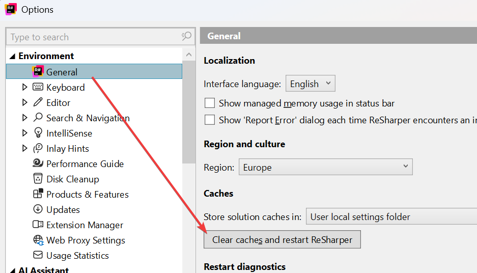 ReSharper Options, Environment | General page with the Clear caches button